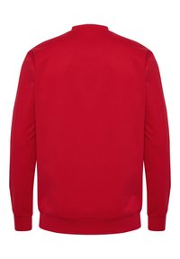 Czerwony sweter z długimi rękawami, okrągłym dekoltem oraz żeberkowymi mankietami i dołem. Gładka faktura tkaniny, minimalistyczny design, brak widocznych logo lub ozdób.