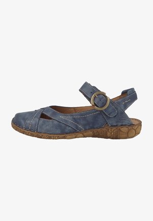 Blauwe leren slingback sandaal met kruislings banden, ronde metalen gesp, contrasterende stiksels en een getextureerde rubberen zool.