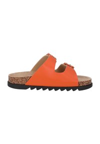 Orange slide sandal with two wide straps, cork midsole, and black rubber outsole featuring a serrated pattern. Accented with chain details.
