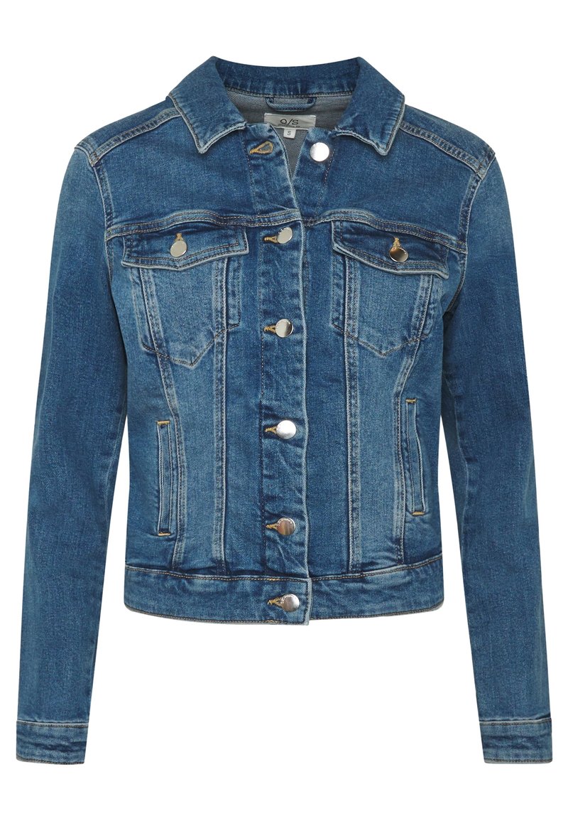 Blue denim jacket with long sleeves, button front, two chest pockets with flaps, and side pockets, in a classic fitted style.