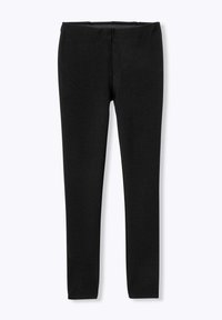 Leggings noirs fabriqués dans un matériau extensible, offrant une coupe ajustée, des jambes longues et une taille élastique sans coutures visibles.