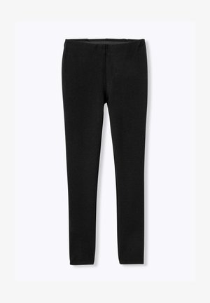 Leggings noirs fabriqués dans un matériau extensible, offrant une coupe ajustée, des jambes longues et une taille élastique sans coutures visibles.