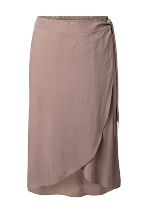 Fialová zavinovací sukně s elastickým pasem a boční mašlí, se zaobleným lemem a měkkou, lehkou látkou.