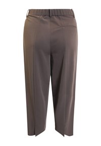 Bruna, skräddarsydda byxor med elastisk midja, sidveck och en bakficka. Materialet har en slät, något glansig yta.