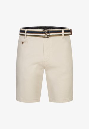 Pantaloni corti in cotone beige con vestibilità classica, orli cuciti, tasche laterali e una cintura intrecciata multicolore con fibbia.