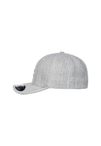 Gray cap with a curved brim, made from textured fabric. Features a visible logo and two ventilation eyelets on the top.