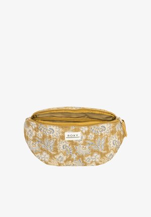 Yellow floral makeup bag with a zip closure, featuring a white Roxy label. Material is textured with blue and white flower patterns.