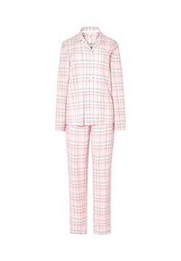 Camisa de pijama de manga larga a cuadros en tonos rosa y gris con pantalones de pijama de pierna recta a juego, sobre fondo blanco.