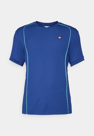 Blaues T-Shirt mit kurzen Ärmeln aus strukturiertem Stoff, mit türkisfarbenen Akzenten und einem kleinen Logo. V-Ausschnitt-Design mit kontrastierenden Nähdetails.