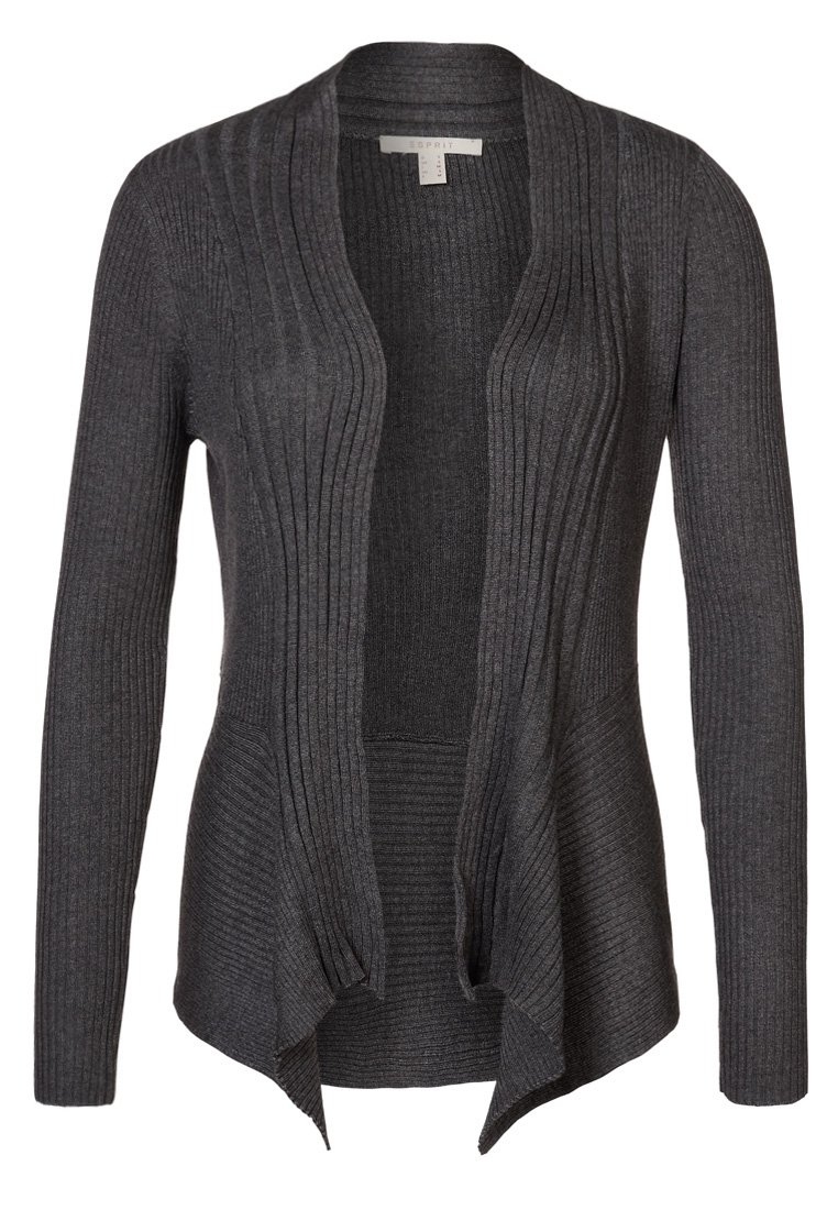 Grå ribbad stickad cardigan med öppen framsida och långa ärmar, med en texturerad yta och flödande nederkant.