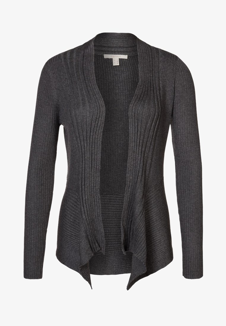 Grå ribbad stickad cardigan med öppen framsida och långa ärmar, med en texturerad yta och flödande nederkant.