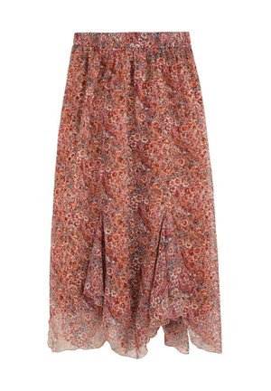 Falda midi con cintura elástica, tela fluida y estampado floral en rojo, rosa y naranja con pliegues cerca del bajo.