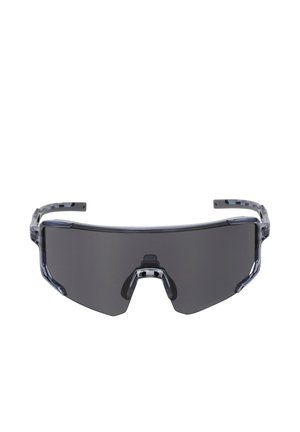 Wraparound donkere getinte sportzonnebril met een enkele schildlens en een transparant zwart montuur.