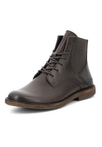 Stivali ankle in pelle marrone con una texture liscia, design classico con allacciatura e suola in gomma; presentano un pannello in tessuto a contrasto sui lati.