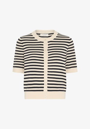 Kortärmad cardigan i kräm- och marinrandig design, med rund halsringning, knäppning framtill och ribbade muddar och fåll. Mjukt stickad textur.