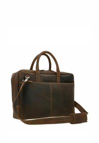 Bolso para portátil de cuero marrón con dos asas superiores y correa de hombro desmontable. Presenta una superficie lisa y compartimentos con cremallera.