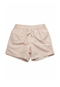 Shorts rosa chiaro con un motivo geometrico, vita elasticizzata e coulisse. Realizzati in tessuto traspirante, presentano una vestibilità comoda e tasche laterali.