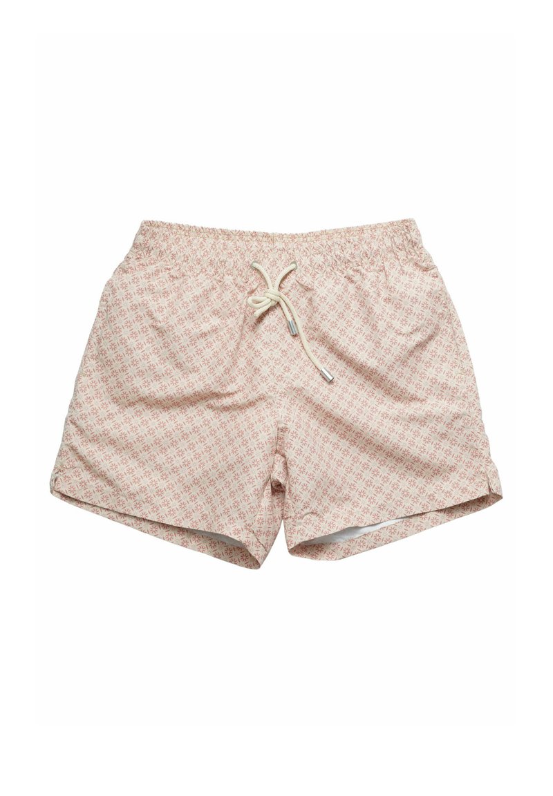 Shorts rosa chiaro con un motivo geometrico, vita elasticizzata e coulisse. Realizzati in tessuto traspirante, presentano una vestibilità comoda e tasche laterali.