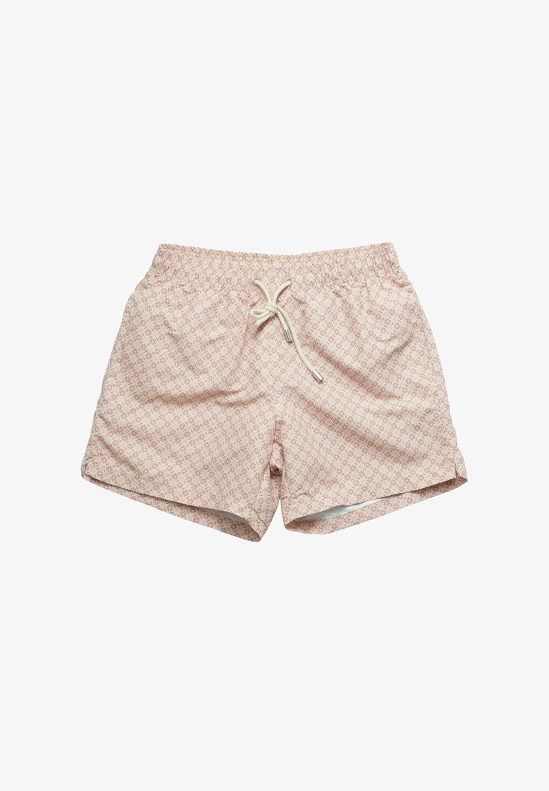 Shorts rosa chiaro con un motivo geometrico, vita elasticizzata e coulisse. Realizzati in tessuto traspirante, presentano una vestibilità comoda e tasche laterali.