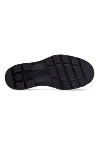 Semelle de chaussure en caoutchouc noir avec un motif de texture et un logo en relief. Caractéristiques des rainures pour une meilleure adhérence et une construction solide et durable.