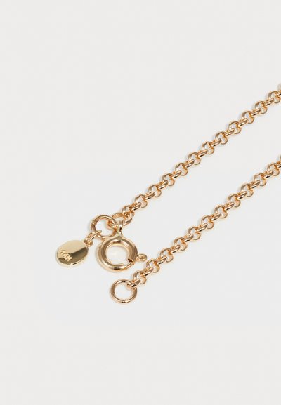 Corrente de metal dourado com elos ovais, apresentando um fecho circular e uma pequena etiqueta. Textura suave com acabamento polido.