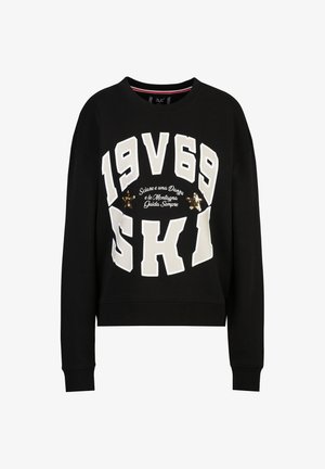Zwarte sweatshirt met een ronde hals, oversized pasvorm, voorzien van witte opdruk "1969 SKI" en decoratieve pailletten.