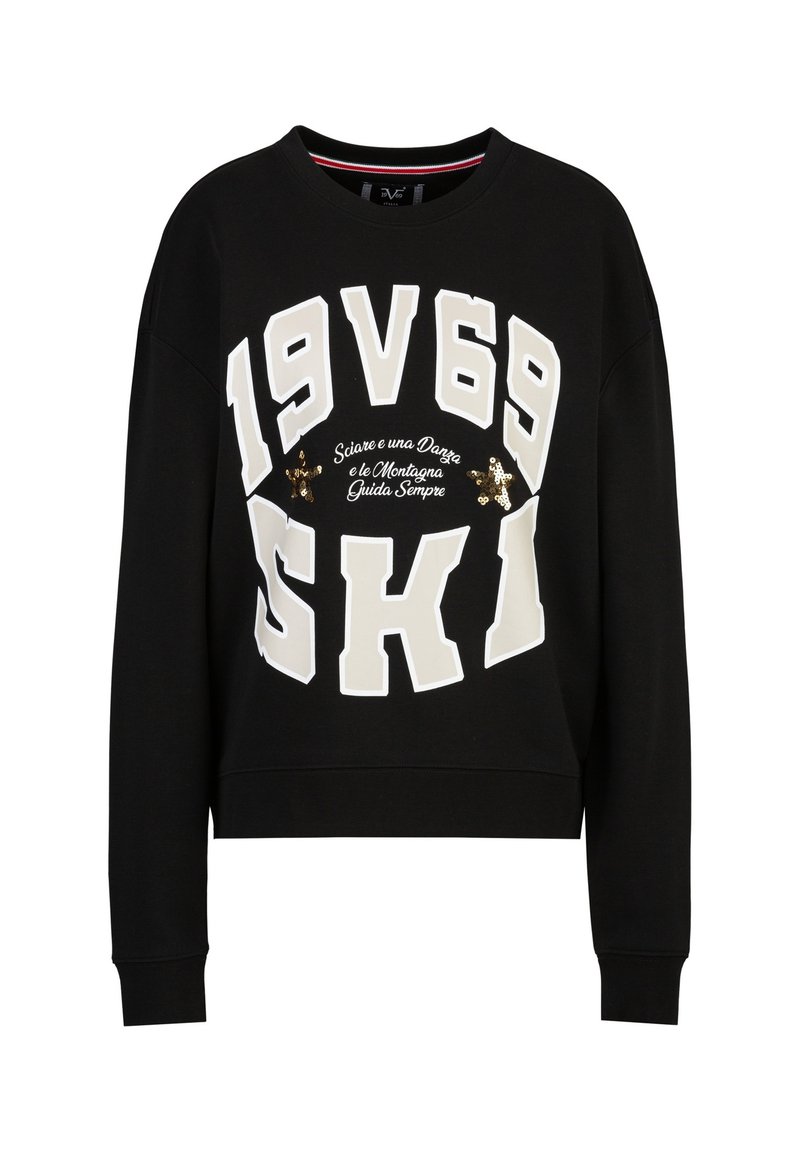 Zwarte sweatshirt met een ronde hals, oversized pasvorm, voorzien van witte opdruk "1969 SKI" en decoratieve pailletten.