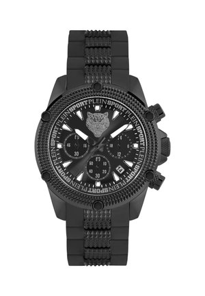 Orologio sportivo nero con lunetta e cinturino in rilievo, tre sottoquadranti, display della data e logo testa di tigre sotto le 12.