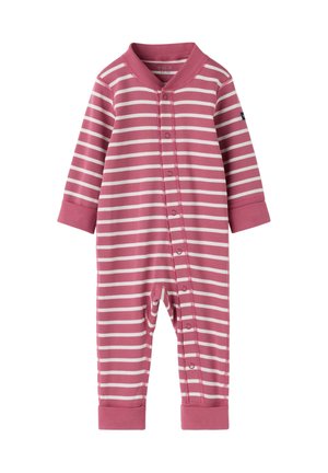 Roze-wit gestreepte baby jumpsuit met lange mouwen, drukknopen aan de voorkant en geribbelde mouw- en broekboorden.