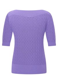 Purple knitted sweater featuring a textured pattern, short sleeves, and a ribbed hem. The back design reveals a wide neckline.