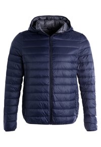 Marinblå vadderad jacka med huva, dragkedja framtill och quiltad textur, med en slät yta och l ättviktsdesign.