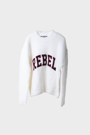 White knitted sweater with a round neckline and long sleeves, featuring the word "REBEL" in dark red knit across the front.