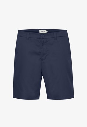 Pantalones cortos de color azul marino, confeccionados en una tela suave. Presentan trabillas para cinturón, un cierre de botón y un diseño clásico de corte recto.