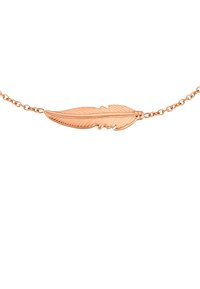 Rose gold fjer vedhængs halskæde på en delikat kæde, med detaljerede fjerindviklinger og en poleret finish.