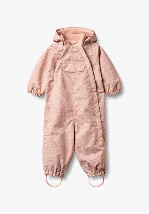 Lyserød blomsterprint, hættebeklædt vandtæt babysnowsuit med elastiske manchetter og fodstropper, frontlynlås dækket af en klaplomme.