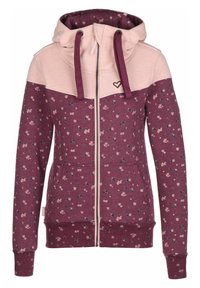 Felpa con zip color bordeaux e parte superiore rosa. Presenta un motivo floreale, due tasche frontali e cappuccio con stringhe. Tessuto morbido, polsini a coste.