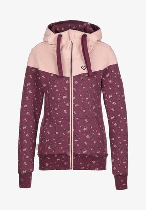 Haut de sweatshirt zippé bordeaux avec une section supérieure rose. Présente un motif floral, deux poches avant et une capuche avec cordon. Tissu doux, poignets côtelés.