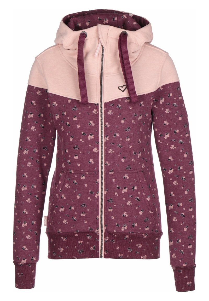 Felpa con zip color bordeaux e parte superiore rosa. Presenta un motivo floreale, due tasche frontali e cappuccio con stringhe. Tessuto morbido, polsini a coste.