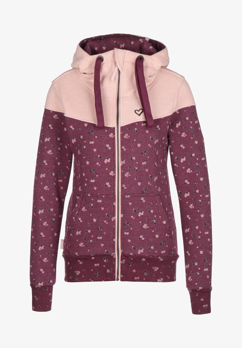 Felpa con zip color bordeaux e parte superiore rosa. Presenta un motivo floreale, due tasche frontali e cappuccio con stringhe. Tessuto morbido, polsini a coste.