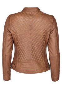 Ruskea nahkatakki, jossa on timanttivuorattu kuvio selkäpuolella, muotoiltu kaulus ja sivu-uutteet. Silkkinen pinta.