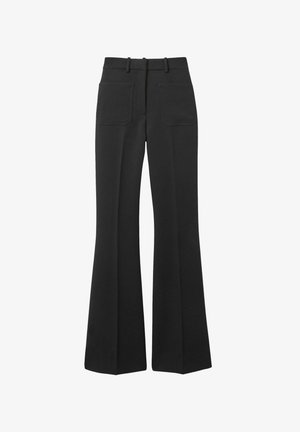 Schwarze, ausgestellte Hosen aus glattem Stoff. Enthält zwei Gesäßtaschen und Gürtelschlaufen, mit einem weiten Bein-Design, das sich an der Taille verjüngt.