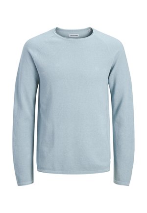 Lyseblå langermet strikkegenser med rund hals og teksturert stoff, merket Jack & Jones, størrelse stor.