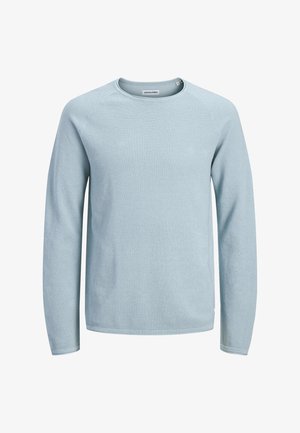 Lyseblå langermet strikkegenser med rund hals og teksturert stoff, merket Jack & Jones, størrelse stor.