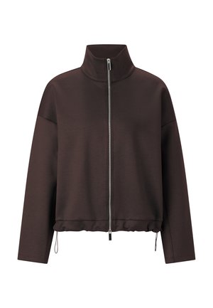Veste marron zippée en tissu lisse, avec un col montant, une coupe décontractée et un ourlet ajustable avec cordons de serrage.