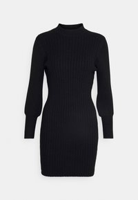 Abito nero in maglia a coste con colletto alto e maniche lunghe, caratterizzato da una silhouette aderente e una sottile texture su tutta la superficie.