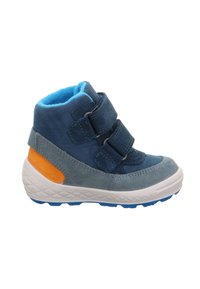 Modré a šedé semišové vysoké boty s dvěma suchými zipy, oranžovým detailem, texturovanou gumovou podrážkou a polstrovaným límcem.