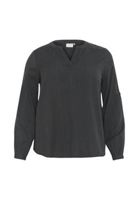 Blouse à manches longues gris foncé avec un décolleté en V, présentant une texture subtile et une coupe ample. Comprend une couture décorative au niveau du col.