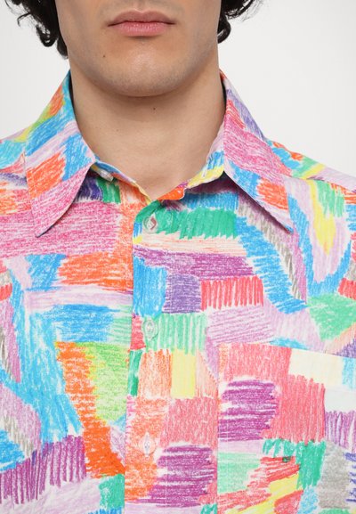 Colorful short-sleeve shirt featuring a bold, multicolored abstract pattern, with a classic collar and button-down front. Made of fabric with a textured finish.
