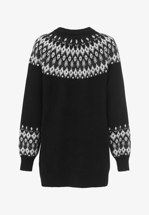 Zwart gebreid sweater met een wit bloemenpatroon rond de schouder en mouwen. Ronde hals, lange mouwen en geribbelde manchetten en zoom.