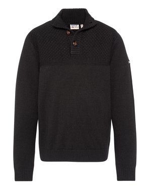 Pull noir en tricot avec un col haut, présentant un motif texturé, deux boutons marron, et des poignets et un ourlet côtelés.